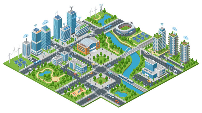Eco-friendly city, sustainable urban planning, green infrastructure, isometric illustration isolated on White Background eps