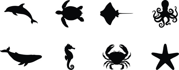 Sea creature silhouettes collection featuring dolphin turtle stingray octopus whale seahorse crab and starfish icons for marine design © Sreekhamol
