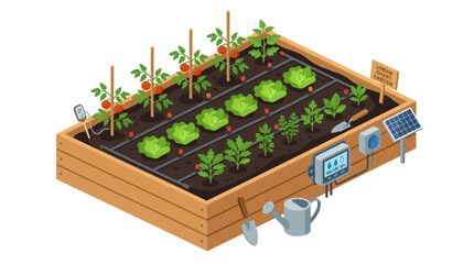 Naklejka premium Raised garden bed, vegetable garden, gardening icons, eco friendly, green thumb isolated on White Background eps