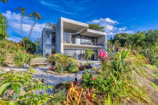 A modern, minimalist style, concrete house in a tropical garden setting