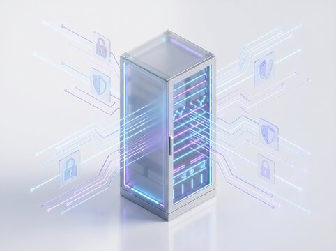 Futuristic 3D network infrastructure and secure database server cabinet on clean white background