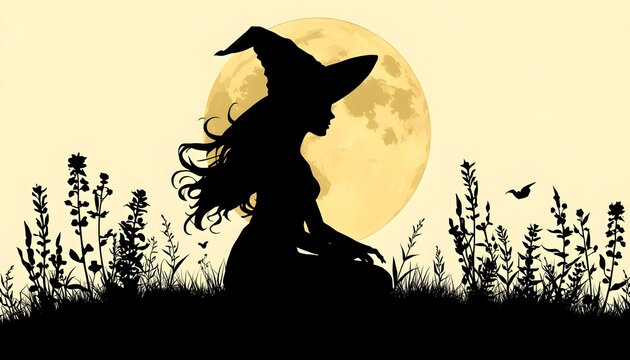 illustration Silhouette of a person wearing a pointed witch's hat, sitting cross-legged on grassy terrain with wildflowers