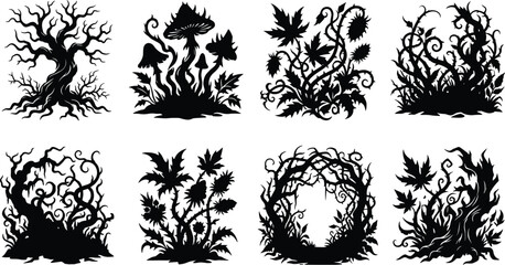 Set of dark fantasy nature silhouettes featuring gnarled trees mushroom patches thorny vines and dense overgrowth vector illustrations © Sreekhamol