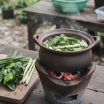 A traditional clay pot sits on a charcoal stove, simmering a mixture of fresh lemongrass, kaffir lime leaves, and pandan leaves with steam rising from the aromatic brew. 