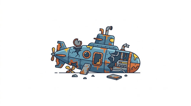 Cartoon illustration of a rusty, broken submarine on a white background.