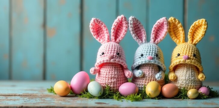 Crochet bunny hats with hidden Easter eggs displayed on a weathered wooden surface , rustic background, bunny, fluffy