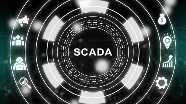 Scada system digital interface with industrial automation and network connectivity animation for smart manufacturing and cyber security concepts