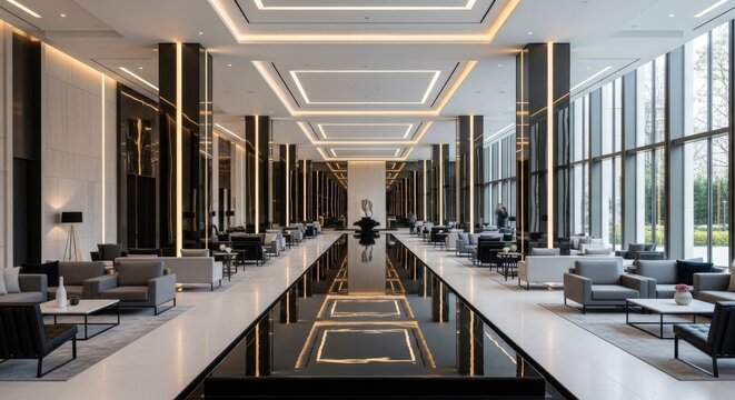 Modern interior design with long hallway and seating areas