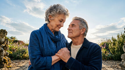 Fototapeta premium An elderly couple holds hands and gazes at each other tenderly in a bright outdoor garden under a clear sky.