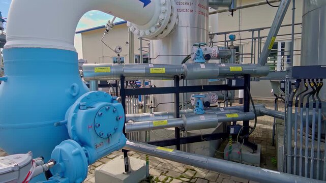 Large blue and white industrial pipes valves and motorized actuators with instrumentation at outdoor water pumping station and pipeline distribution facility