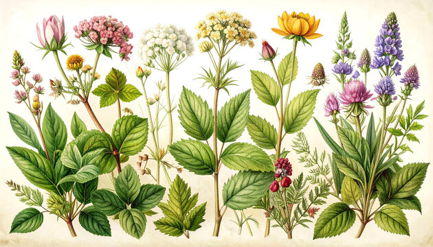 Antique floral illustration with curated plant specimens, delicate foliage, and vintage scientific style.
