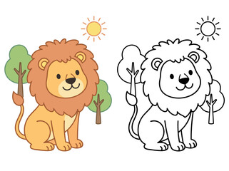 Fototapeta premium cute cartoon lion illustration sitting in a forest with sun and a coloring outline version