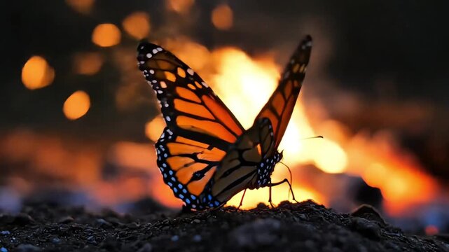 Monarch butterfly flapping wings in front of a warm glowing campfire.