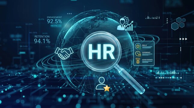 HR human resources concept with magnifying glass, digital globe background, employee engagement and retention analytics, skills assessment icons
