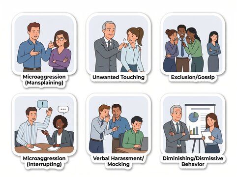 Infographic Grid Showing Workplace Social Issues Microaggression Unwanted Touching and Gossip