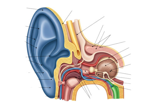 hyper-detailed canine ear cross-section technical diagram, vector graphic style, color-coded blue, yellow, and green zones, labeled structures on transparent background. concept of veterinary anatomy
