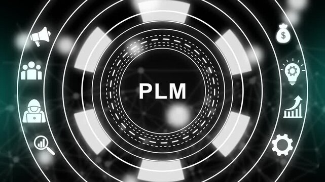 Plm product lifecycle management concept with digital hud interface and business for industrial engineering and manufacturing strategy