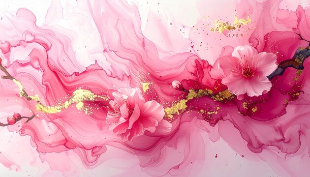 桜ピンク墨と金白が舞う太筆墨絵背景04：A background of ink painting featuring a thick brushstroke with swirling cherry blossom pink ink and gold-white accents