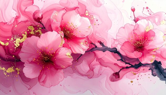 桜ピンク墨と金白が舞う太筆墨絵背景03：A background of ink painting featuring a thick brushstroke with swirling cherry blossom pink ink and gold-white accents