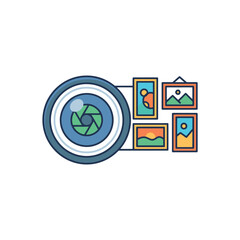 Obraz premium A camera lens icon surrounded by several small framed photographs
