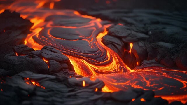 Realistic molten lava flow with glowing orange and yellow magma