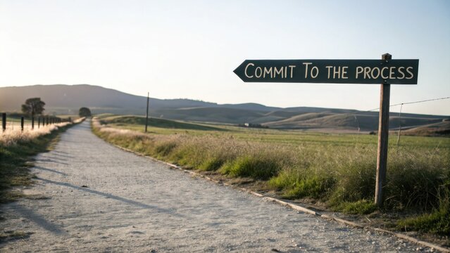 Scenic Pathway Leading to a Sign That Says Commit to the Process in a Serene Landscape Surrounded by Hills and Nature