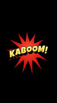 Vertical comic book style kaboom text floating and hovering on black background, pop art onomatopoeia, seamless loop