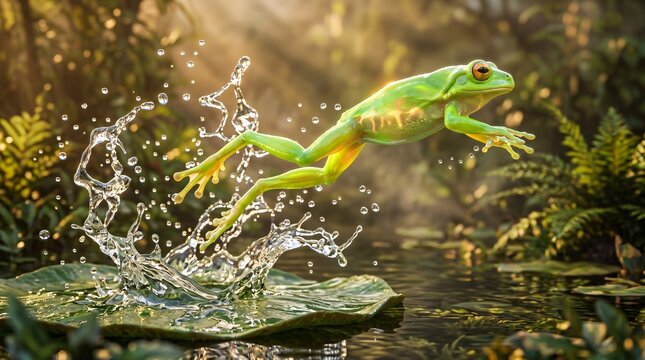 Vivid green tree frog leaping from a lily pad with dynamic water splash in a lush tropical pond, cinematic golden hour lighting, action nature photography.