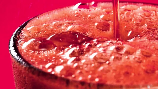 Macro close-up of cold cola pouring over ice cubes in a clear glass, creating fizzy bubbles, foam and tiny splashes against a vivid red studio background.