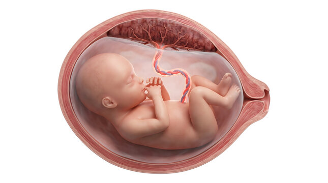 fetus in womb with umbilical cord and placenta