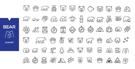 Bear Icon Set: A comprehensive collection of line art icons depicting various aspects of bears, including their paw prints, habitats, faces, and activities. © Afrojaart