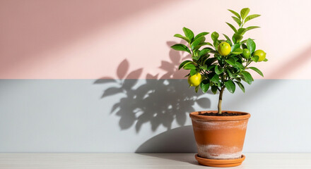 Fototapeta premium Small Lemon Tree with Fruit in Terracotta Pot on Table, Soft Light