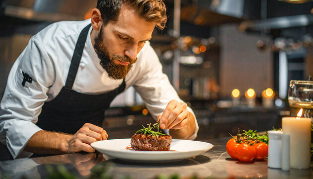 Professional chef carefully plating a gourmet dish in kitchen