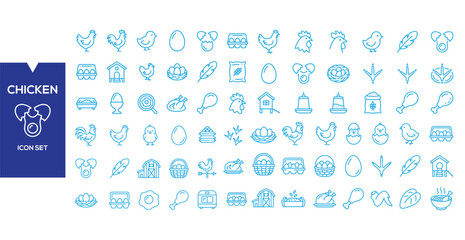 Chicken Icon Set: A comprehensive collection of blue line icons representing various aspects of chicken farming, poultry, and related items. © Afrojaart