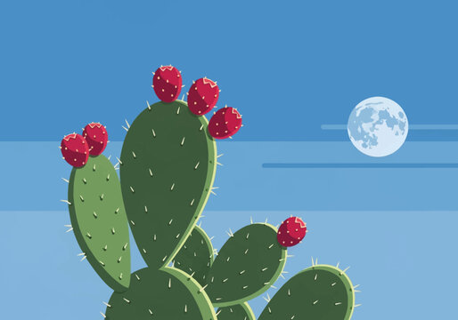 Flat vector illustration of a green prickly pear cactus featuring red fruit and white thorns against a blue sky background with a full moon and stylized horizontal clouds.
