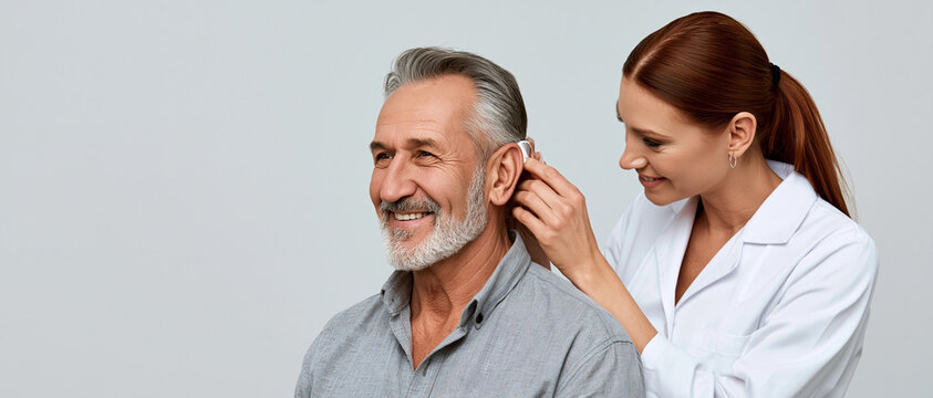 A hearing professional carefully fitting a hearing aid for an elderly gentleman. The man is smiling and looks pleased with the device