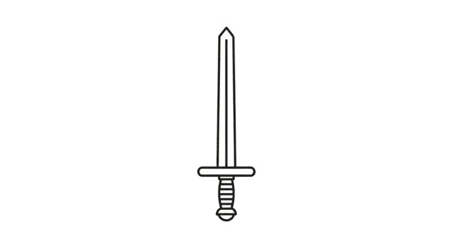 Single medieval sword vector icon featuring a straight double-edged blade with a fuller, simple horizontal crossguard, textured grip, and rounded pommel on a white background.