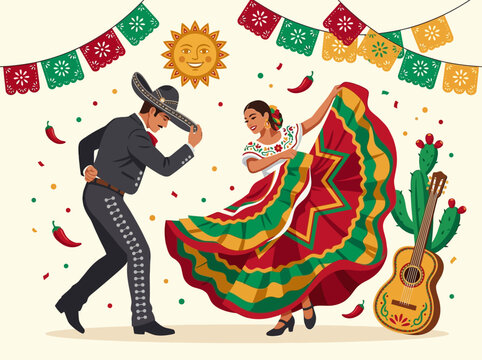 Mexican Folklorico Dance Illustration with Mariachi and Woman for Cinco de Mayo Fiesta