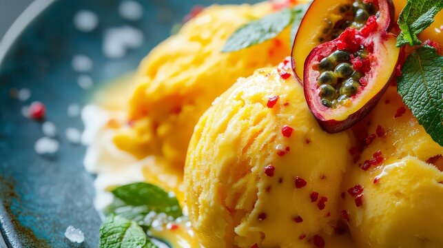 Fresh mango and passion fruit ice cream swirl with chili flakes in vibrant bowl