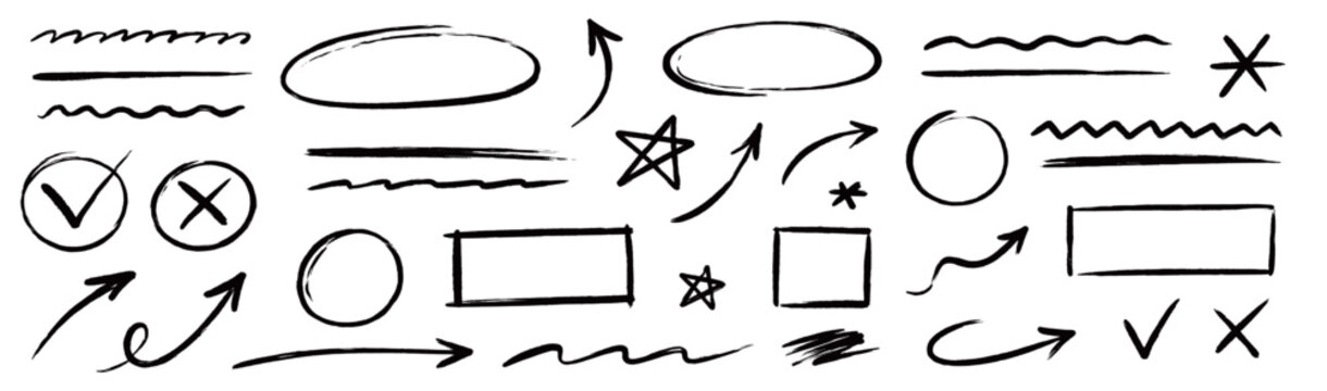 Line arrow brush doodle set. Hand drawn line arrow brush underline marker check pen highlight texture. Crayon chalk scribble circle curve star wave squiggle grunge background. Vector illustration