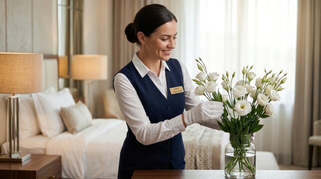 Professional hotel maid wearing white gloves arranges fresh white flowers in a glass vase inside a bright luxury bedroom suite