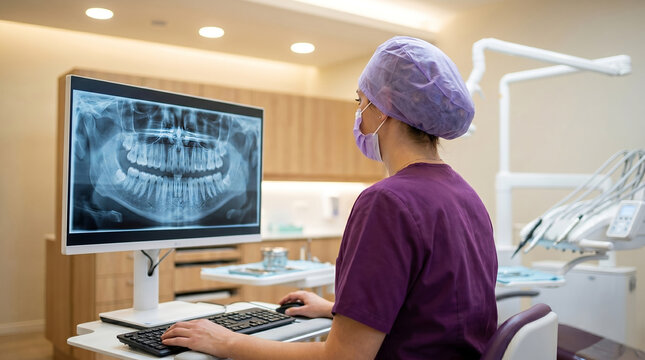 Female dental assistant in purple scrubs, with panoramic teeth x-ray on monitor, sitting and typing on computer keyboard, modern dental clinic room, healthcare photography