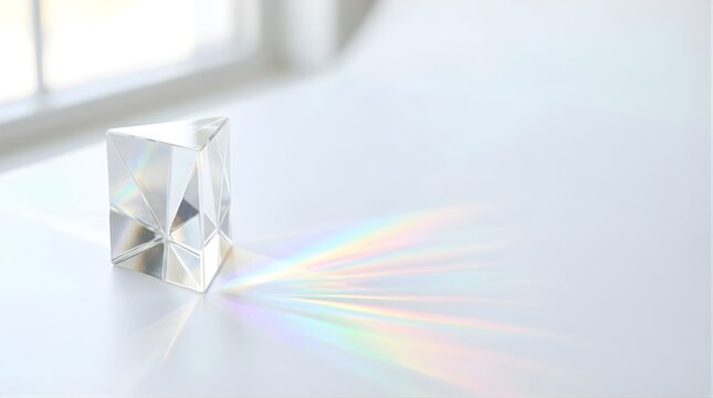 Glass triangular prism casting a rainbow spectrum on a white surface