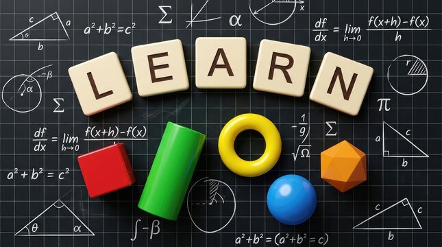 Learn word spelled out with plastic tiles arranged over a black chalkboard covered in complex white mathematical geometry formulas