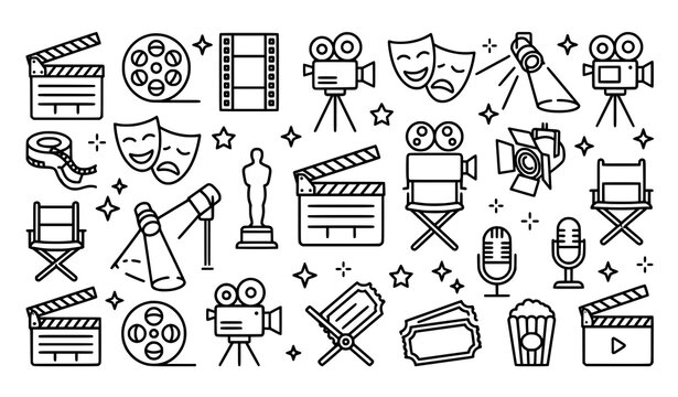 Creative actor outline vector icon set with minimalist cinema and award symbols
