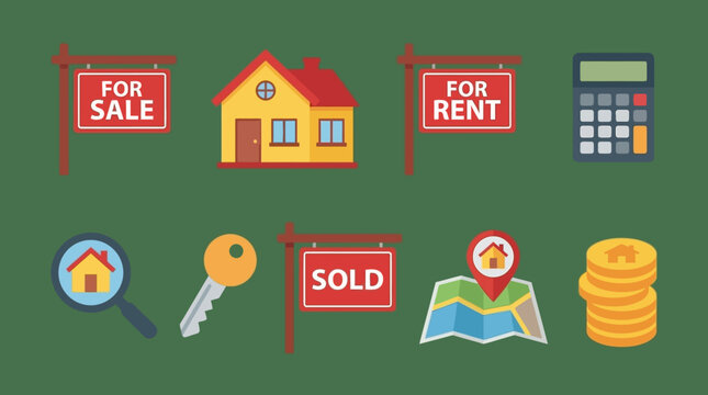 Flat design icons representing various real estate concepts including houses keys maps and financial calculators
