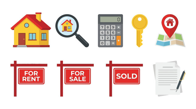 Colorful flat vector icons representing real estate symbols including houses keys calculators maps and signs