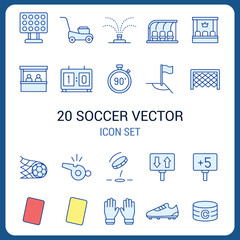Soccer line icon set featuring stadium floodlights, groundskeeping equipment, team benches, scoreboard, match timer, corner flag, goal net, referee whistle, substitution board, injury time, yellow car © Thitiyakorn