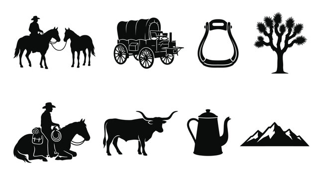 Black silhouette icons featuring western ranch symbols like cowboys horses carriages mountains and desert trees