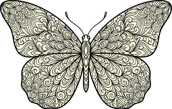 Beautiful black and white butterfly illustration with intricate patterns on its wings spread wide on a cream background with swirling designs